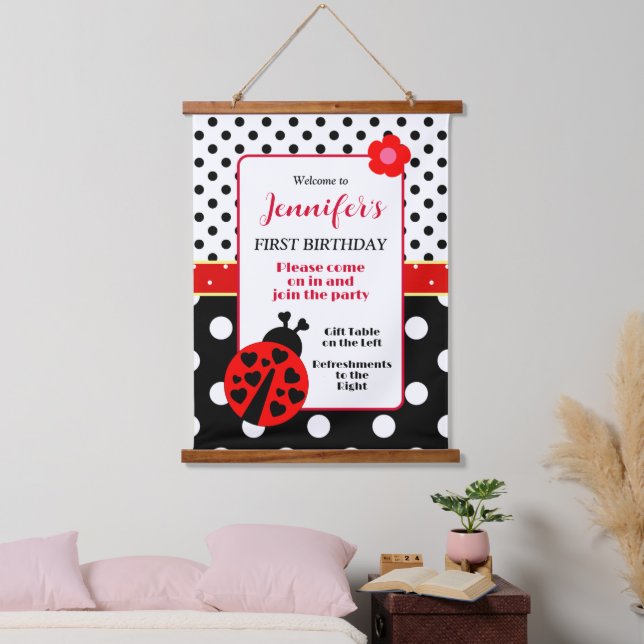 Cute Red and Black Ladybug Welcome Sign Hanging Tapestry (Bedroom)