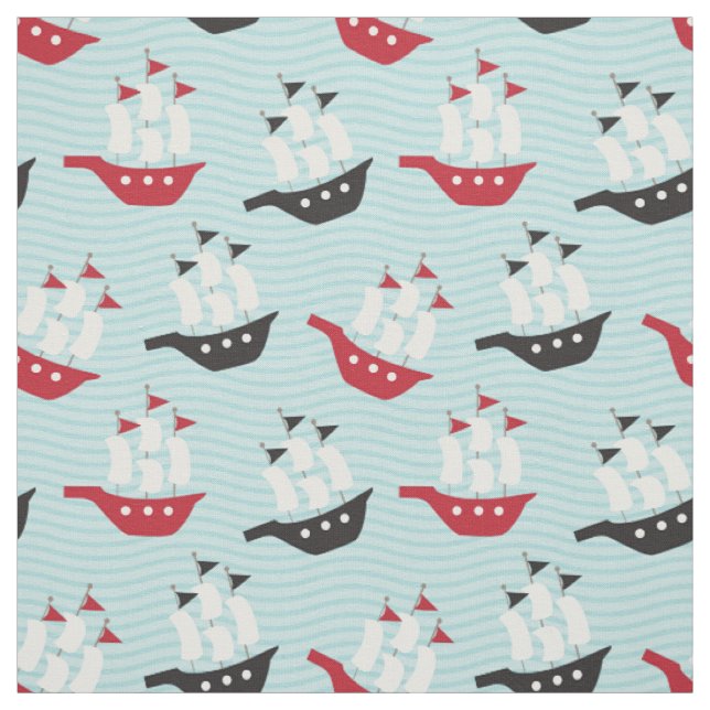 Cute Red and Black Pirate Ship Fabric (Swatch)