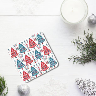 Cute Red and Blue Christmas Tree Nordic Pattern Coaster