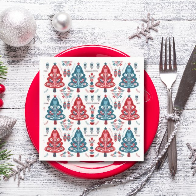 Cute Red and Blue Christmas Tree Nordic Pattern Napkin (Creator Uploaded)