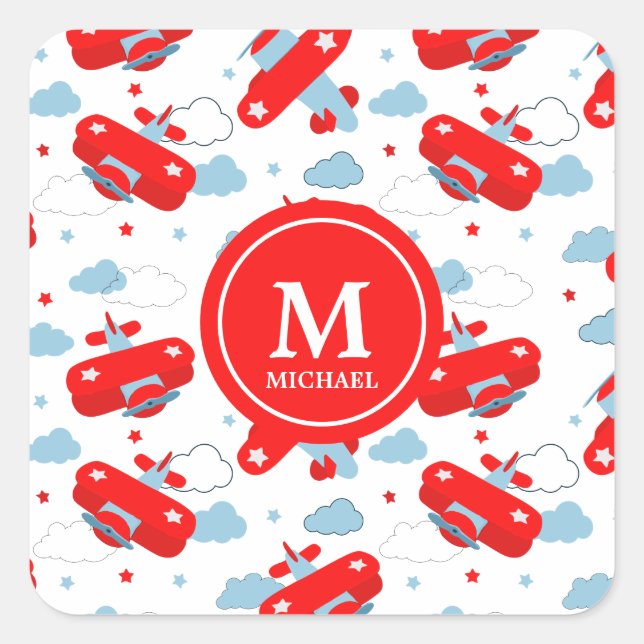 Cute Red and Blue Planes and Clouds Kids Monogram Square Sticker (Front)