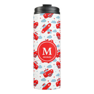 Cute Red and Blue Planes and Clouds Kids Monogram Thermal Tumbler