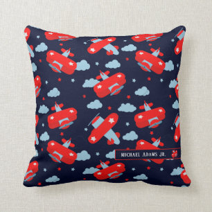 Cute Red and Blue Planes and Clouds Kids Monogram  Throw Pillow