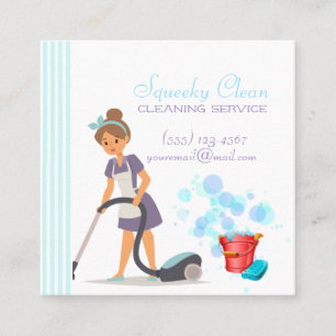 Cute Red and Blue Striped Cleaning Service Maid Square Business Card