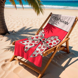 Cute Red and Blush Coquette Heart Bow Beach Towel