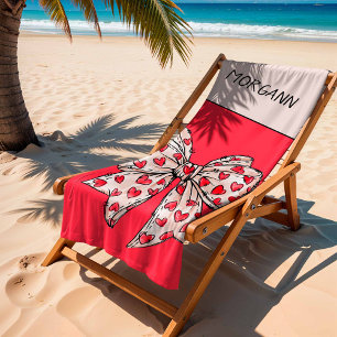 Cute Red and Blush Coquette Heart Bow Beach Towel