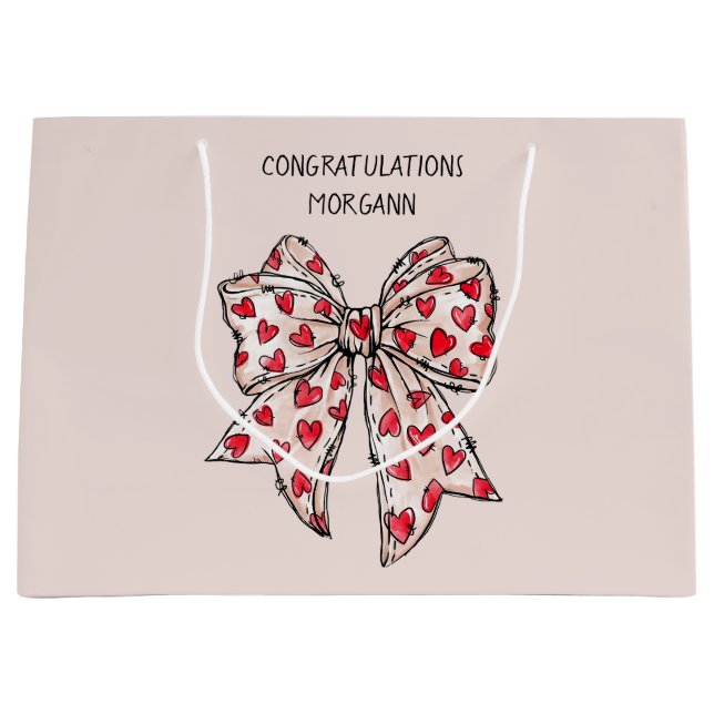 Cute Red and Blush Coquette Heart Bow  Large Gift Bag (Front)