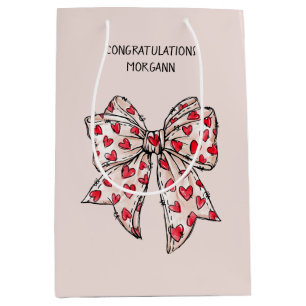 Cute Red and Blush Coquette Heart Bow Medium Gift Bag
