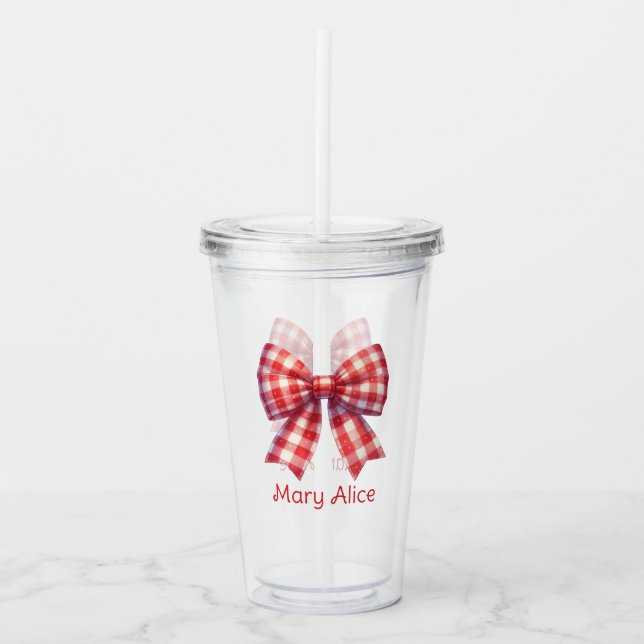 Cute Red and Cream Gingham Bow Acrylic Tumbler (Front)