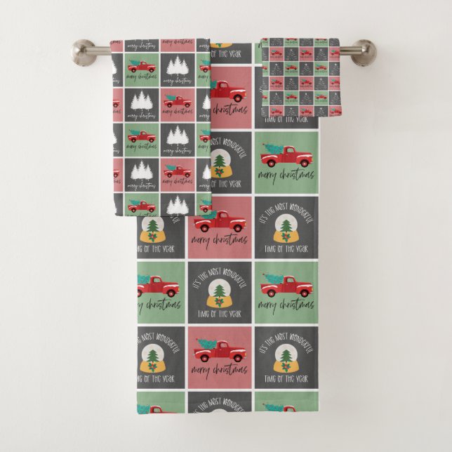 Cute Red and Green Christmas Tree Truck Pattern Bath Towel Set (Insitu)