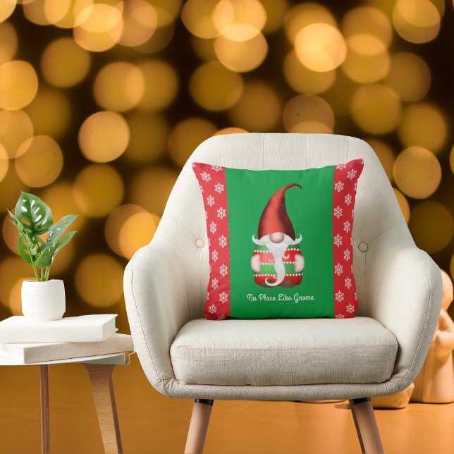 Cute Red and Green Gnome - No Place Like Gnome  Throw Pillow (Creator Uploaded)