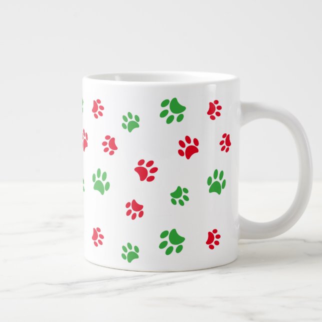 Cute Red and Green Paw Prints Pattern Holiday Large Coffee Mug (Right)