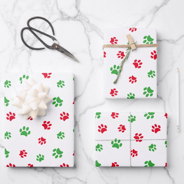 Cute Red and Green Paw Prints Pattern Wrapping Paper Sheet (Front)