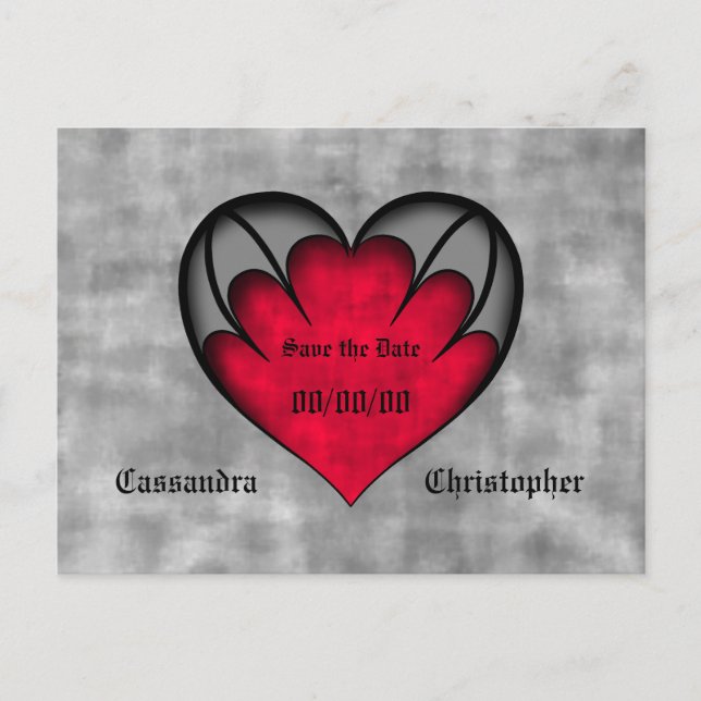 Cute red and grey gothic heart save the date postcard (Front)