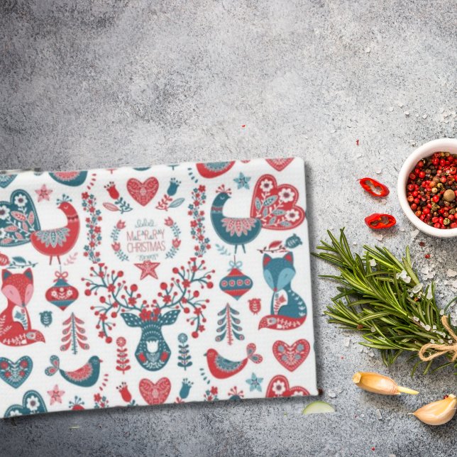 Cute Red and Navy Christmas Scandinavian Folk Art Kitchen Towel (Creator Uploaded)