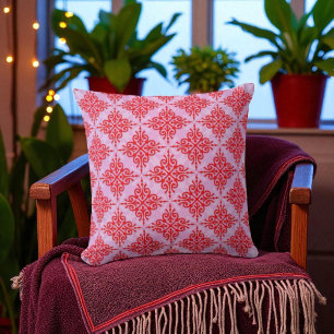 Cute Red and PInk Damask Pattern Throw Pillow