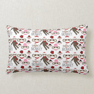 Cute Red and Pink Sock Monkeys Collage Pattern Lumbar Pillow