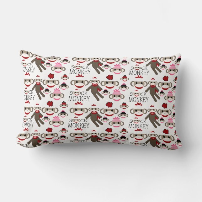 Cute Red and Pink Sock Monkeys Collage Pattern Lumbar Pillow (Front)