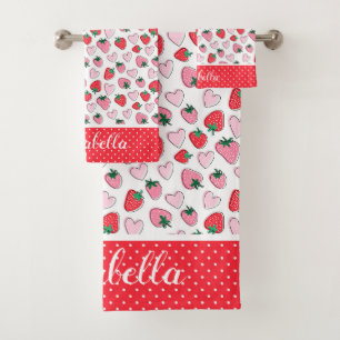 Cute Red and Pink Strawberry Pattern Personized Bath Towel Set