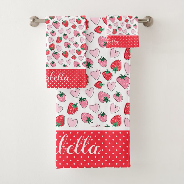 Cute Red and Pink Strawberry Pattern Personized Bath Towel Set (Insitu)
