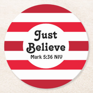 Cute Red and White Believe Festive Christmas  Round Paper Coaster