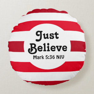 Cute Red and White Believe Merry Christmas  Round Pillow