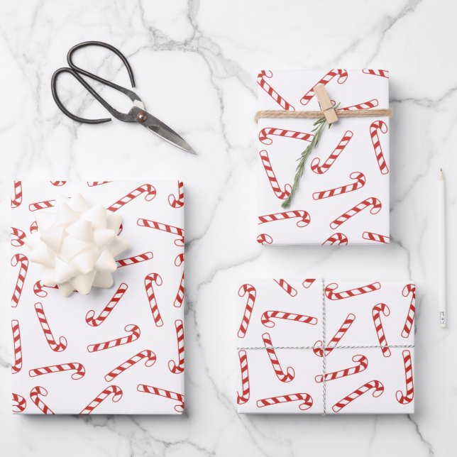 Cute Red and White Candy Cane Christmas Pattern  Wrapping Paper Sheet (Front)