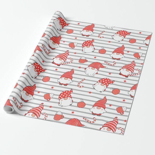 Cute Red and White Christmas Elf Wrapping Paper (Unrolled)