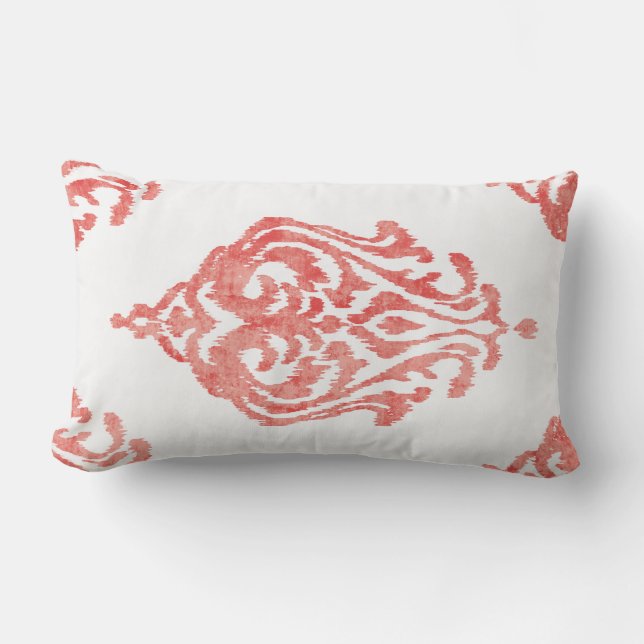 Cute red and white damask ikat tribal patterns lumbar pillow (Front)