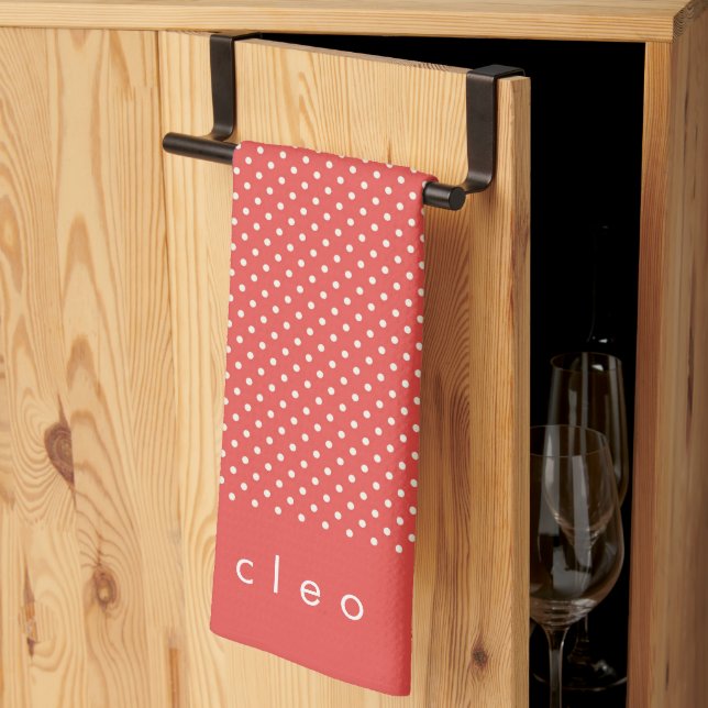 Cute Red and White Polka Dots Personalized  Kitchen Towel (Thirds Fold)
