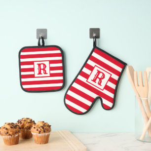 Cute Red and White Striped Design Single Initial Oven Mitt & Pot Holder Set