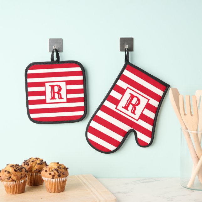 Cute Red and White Striped Design Single Initial Oven Mitt & Pot Holder Set (Insitu(Hanging))