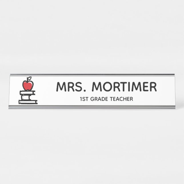 Cute Red Apple Books 1st Grade Teacher Long Desk Name Plate (Front)