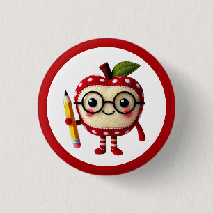 Cute Red Apple Character with Pencil Teacher 1 Inch Round Button