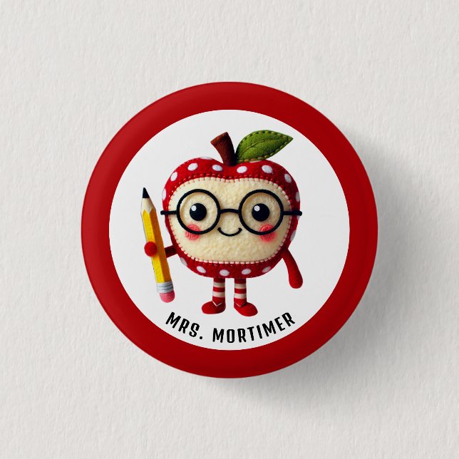 Cute Red Apple Character with Pencil Teacher Name 1 Inch Round Button (Front)