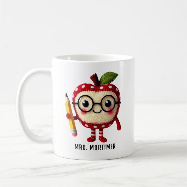 Cute Red Apple Character with Pencil Teacher Name Coffee Mug (Left)
