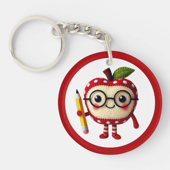 Cute Red Apple Character with Pencil Teacher Name Keychain (Front)