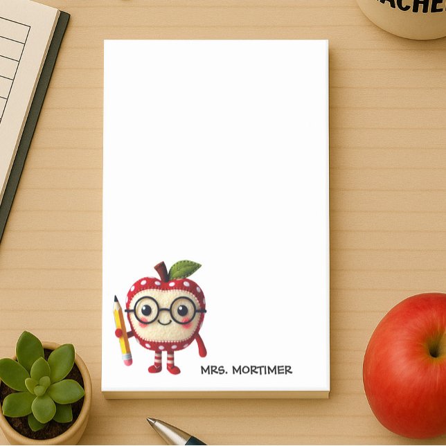 Cute Red Apple Character with Pencil Teacher Name Post-it Notes (4 x 6 sticky notes for teachers with a cute apple character holding a pencil personalize with a name)