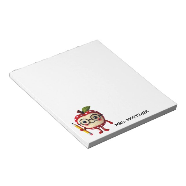Cute Red Apple Character with Pencil Teacher Notepad (Angled)