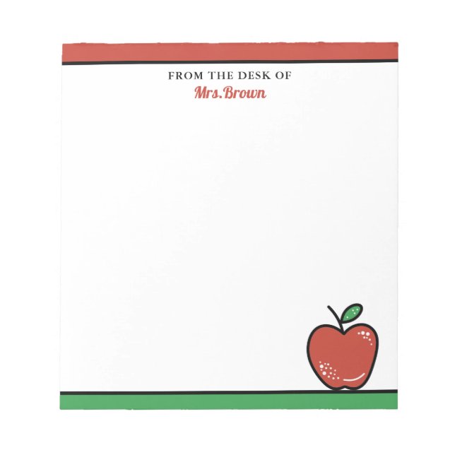 Cute Red Apple From The Desk Of Teacher Name Notepad (Front)