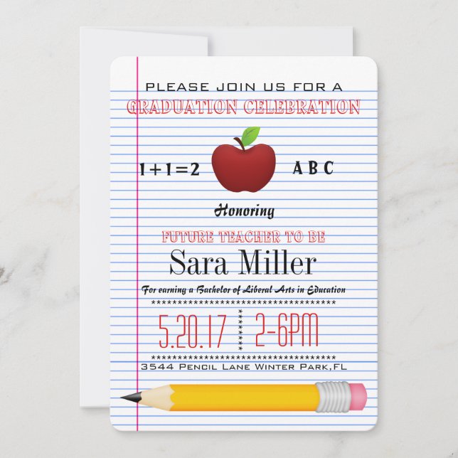 Cute Red Apple Teacher Graduation Invitation (Front)