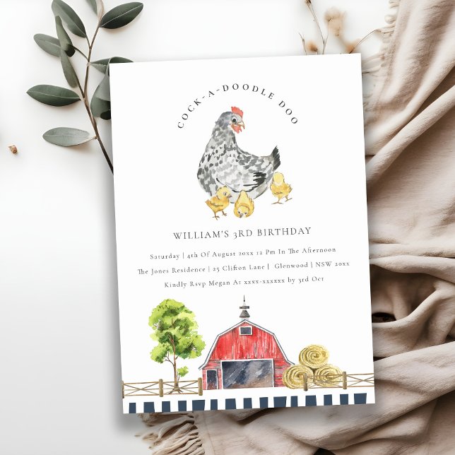 Cute Red Barn Chicken Farm Kids Birthday Invite (Creator Uploaded)