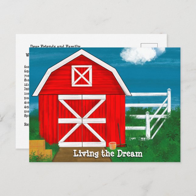 Cute Red Barn Drawing Living the Dream Postcard (Front/Back)