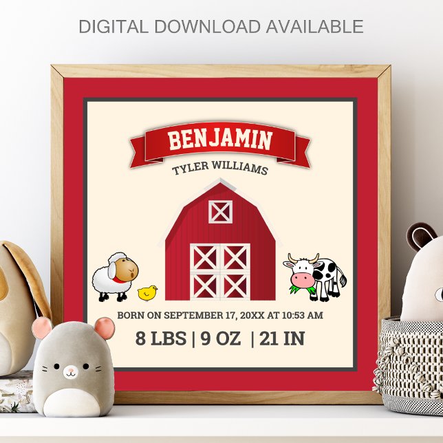 Cute Red Barn Farm Animals Baby Birth Stats Poster (Creator Uploaded)