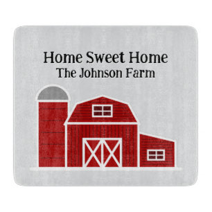 Cute red barn farm house personalized cutting board
