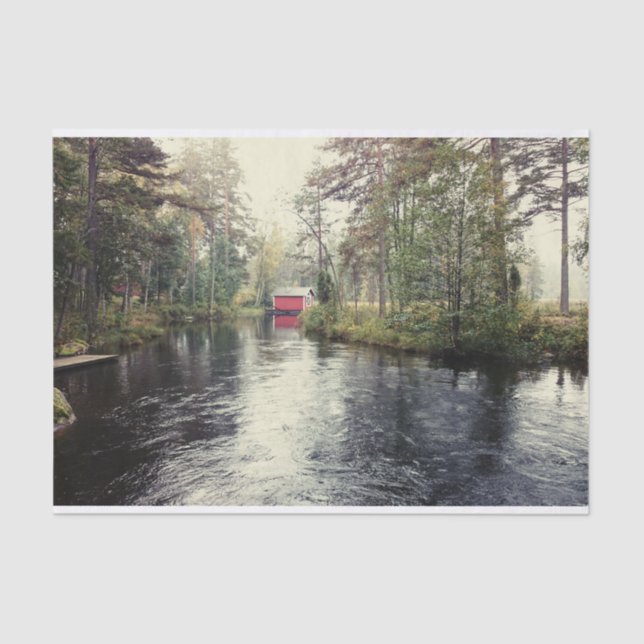 Cute Red Barn in an Isolated Forest and Lake       Tissue Paper (Front)