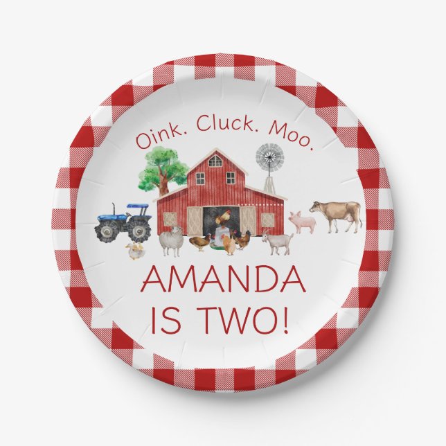 Cute Red Barnyard Farm Animal 2nd Birthday  Paper Plate (Front)
