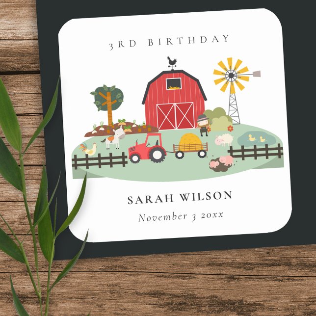 Cute Red Barnyard Farm Animal Any Age Birthday Square Sticker (Creator Uploaded)