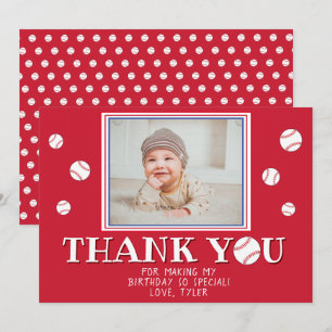 Cute Red Baseball Balls Birthday Photo Thank You Card