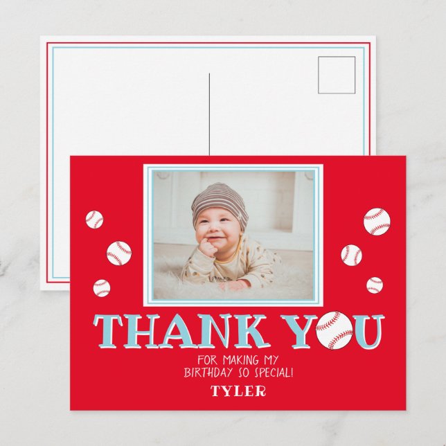 Cute Red Baseball Birthday Thank you Photo Card (Front/Back)